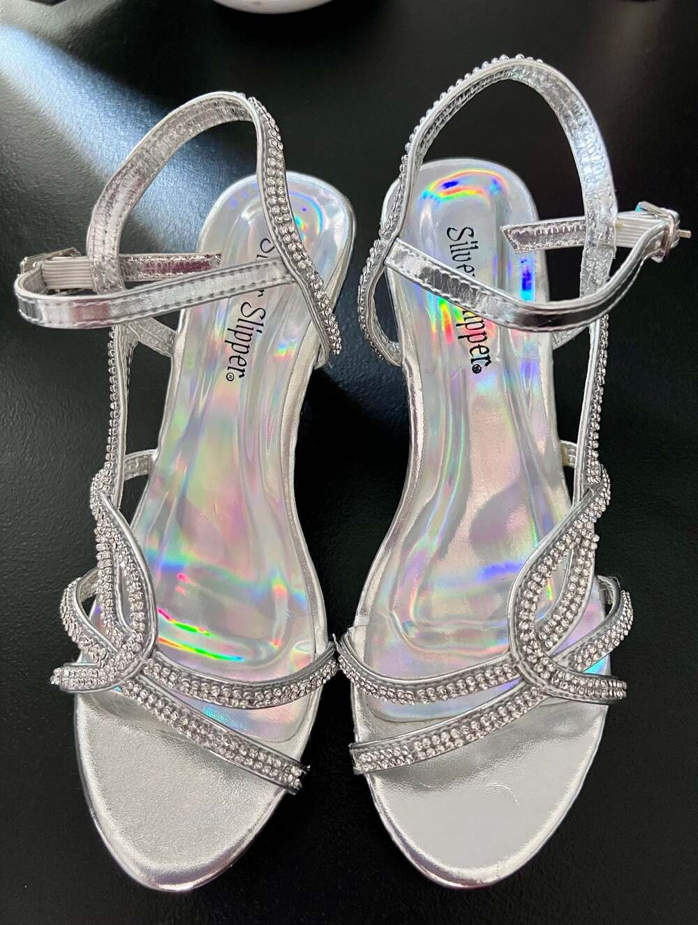 Silver Slipper Girls Rhinestone Embellished Ankle Strap Low Heels Size 2